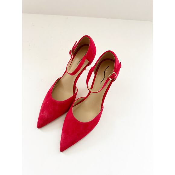 NWOB Ann Taylor Suede Ankle Strap Pumps Cherry Jubilee Red Heels 6 - Picture 4 of 6